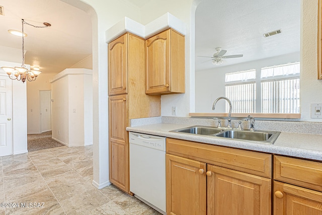 kitchen featuring ornamental molding, white dishwasher, ceiling fan with notable chandelier, and sink