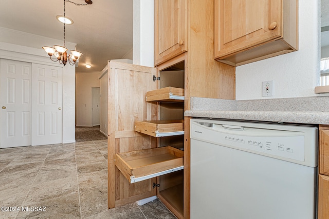 interior space with pendant lighting, an inviting chandelier, ornamental molding, light brown cabinetry, and dishwasher