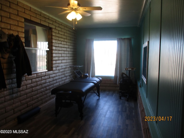 living area featuring dark hardwood / wood-style flooring, ceiling fan, and brick wall