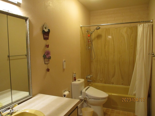 full bathroom featuring vanity, toilet, and shower / bathtub combination with curtain