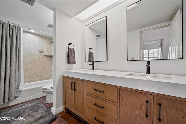 full bathroom with shower / bath combination with curtain, vanity, toilet, and tile patterned flooring