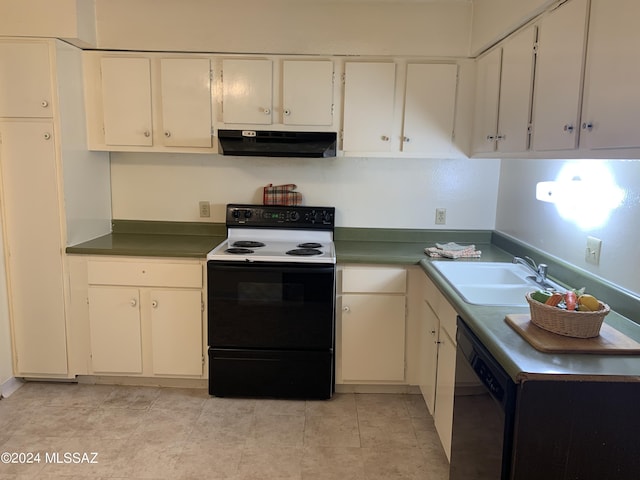 6352 N Barcelona Ln Unit 106, Tucson, AZ 85704 - kitchen with under cabinet range hood, black dishwasher, electric range oven, a sink, and white cabinetry