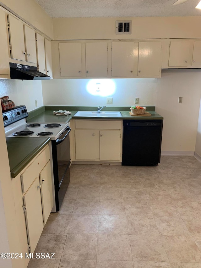 kitchen with white cabinets, dishwasher, sink, electric range oven, and a textured ceiling