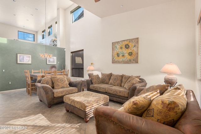 tiled living room with a towering ceiling