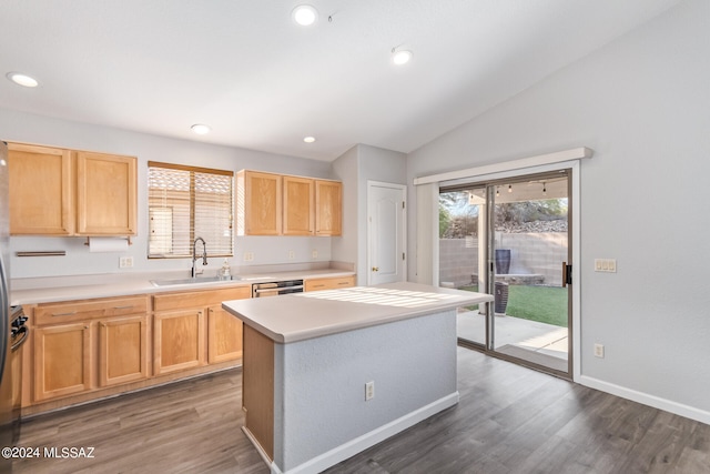 kitchen with dark hardwood / wood-style flooring, sink, a center island, and a healthy amount of sunlight