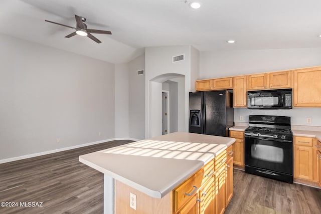 kitchen with ceiling fan, dark wood-type flooring, high vaulted ceiling, black appliances, and a center island