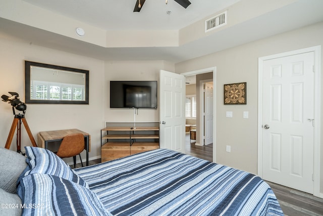 bedroom with ceiling fan, a closet, dark hardwood / wood-style flooring, and multiple windows