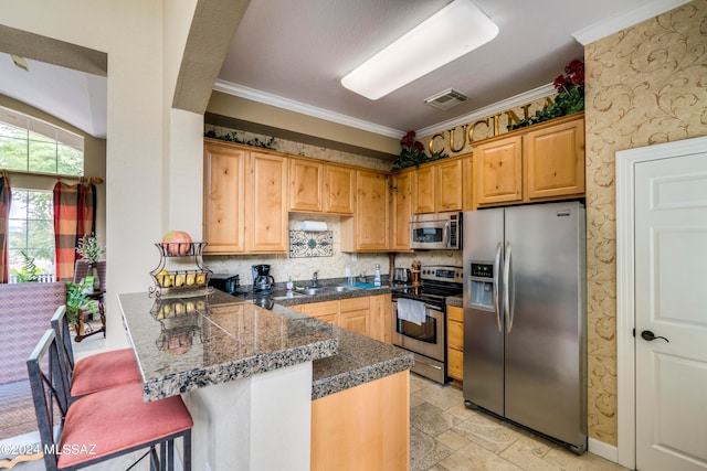 kitchen with ornamental molding, kitchen peninsula, sink, and stainless steel appliances