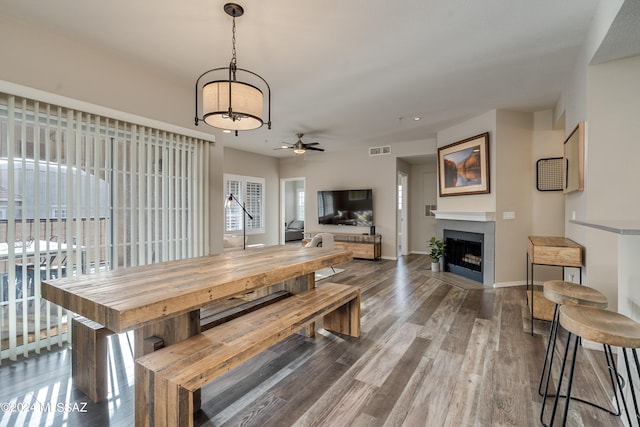 dining room with ceiling fan and hardwood / wood-style floors