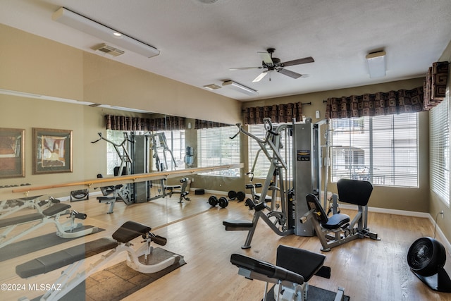 workout area featuring plenty of natural light, light wood-type flooring, and a textured ceiling