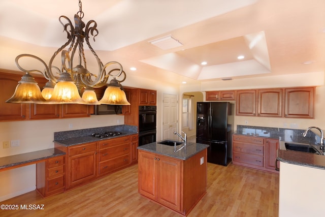 kitchen with a raised ceiling, sink, a kitchen island with sink, and black appliances