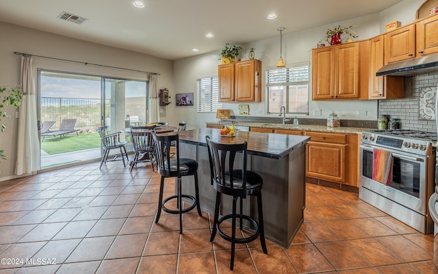 kitchen with a kitchen island, light stone counters, a wealth of natural light, and high end stainless steel range