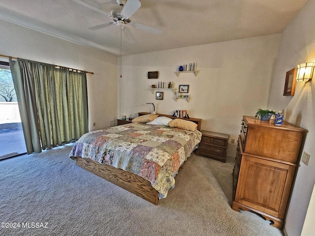 bedroom with light colored carpet and ceiling fan