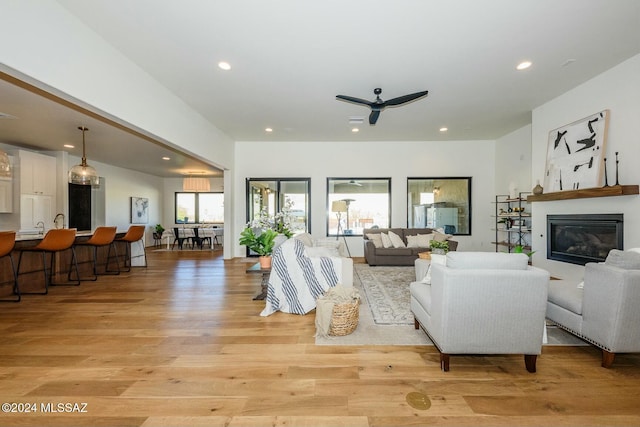 living room featuring ceiling fan and light wood-type flooring