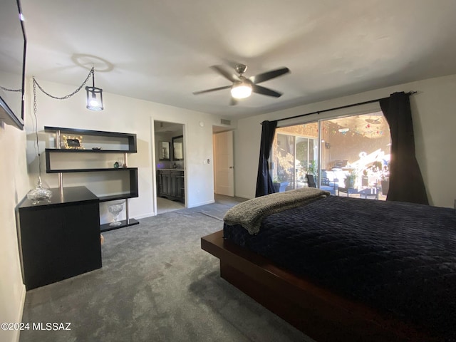 carpeted bedroom featuring ceiling fan and connected bathroom