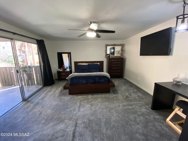 bedroom featuring ceiling fan, dark carpet, and access to outside