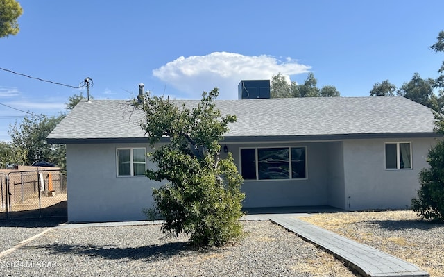 view of front of property featuring stucco siding, fence, and roof with shingles