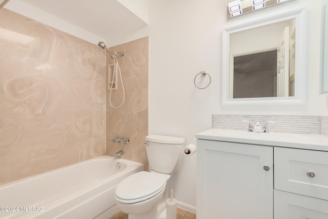 full bathroom featuring toilet, tasteful backsplash, tile patterned floors, tiled shower / bath, and vanity