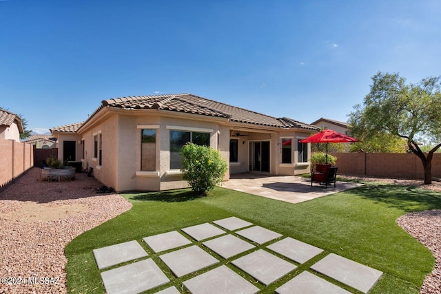 back of house with a yard and a patio area