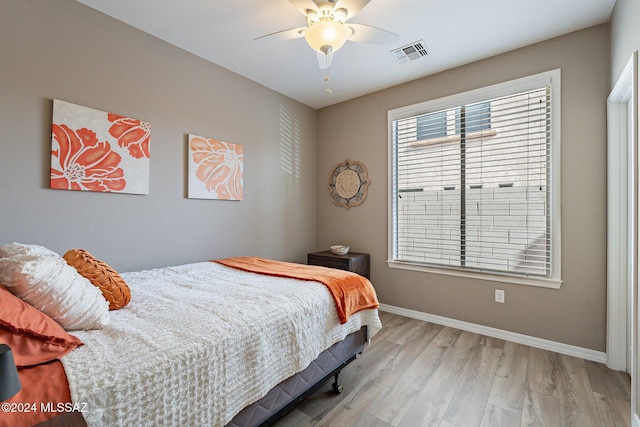 bedroom featuring ceiling fan and light hardwood / wood-style floors