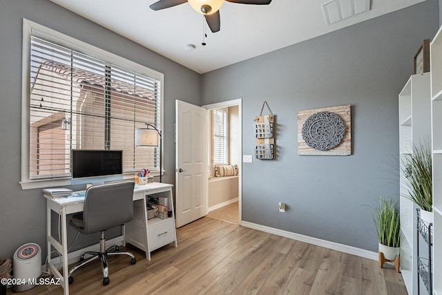 office area featuring light wood-type flooring, plenty of natural light, and ceiling fan