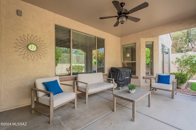 view of patio with ceiling fan, an outdoor hangout area, and grilling area