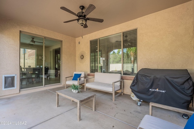 view of patio featuring ceiling fan and grilling area