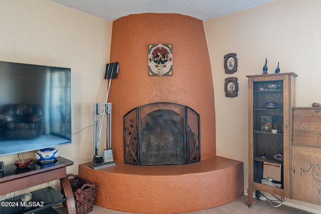 living room featuring carpet floors and a textured ceiling