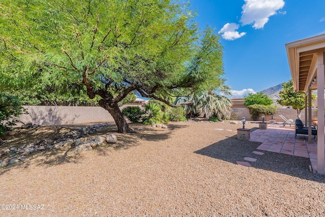 view of yard featuring a patio and a mountain view