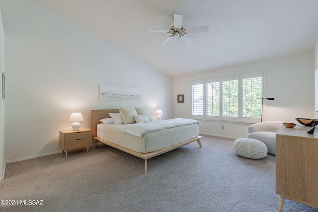 carpeted bedroom with high vaulted ceiling and ceiling fan