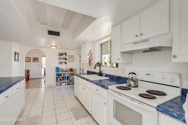 kitchen with plenty of natural light, white electric range oven, sink, and white cabinetry