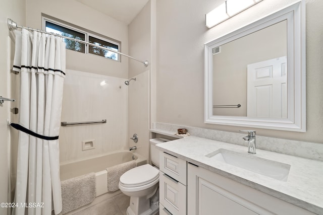 full bathroom with vanity, tile patterned floors, shower / bath combination with curtain, and toilet