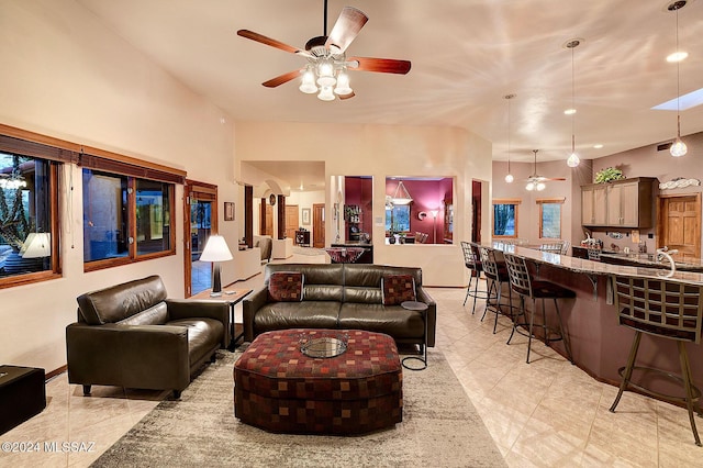 living room with ceiling fan