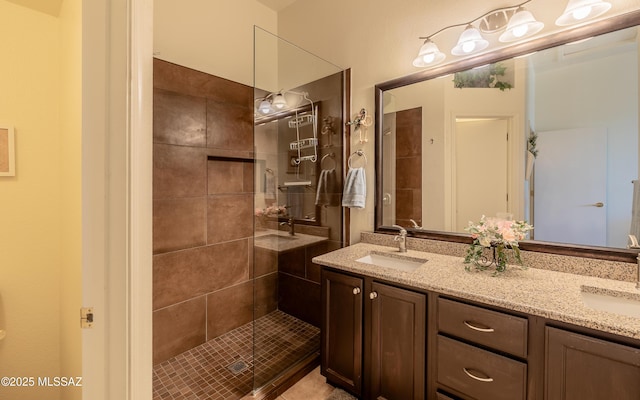 full bathroom featuring a sink, double vanity, and a stall shower
