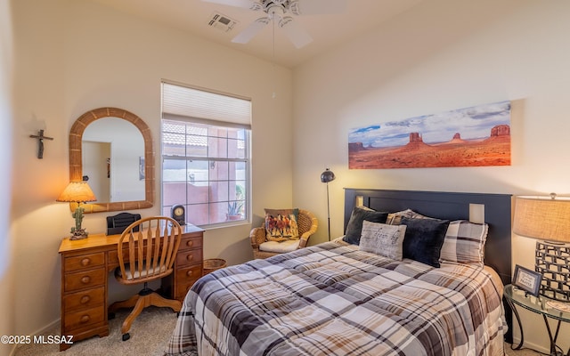 carpeted bedroom featuring ceiling fan, baseboards, and visible vents