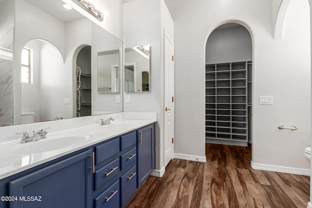 bathroom with vanity, hardwood / wood-style floors, and toilet