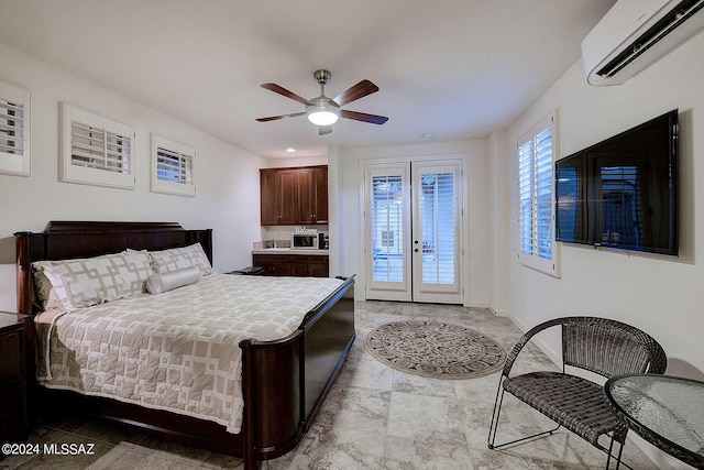 bedroom with access to outside, french doors, an AC wall unit, and ceiling fan