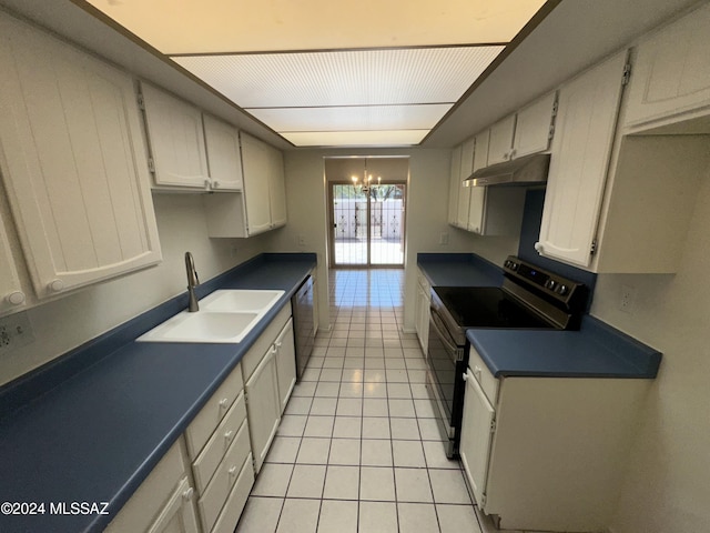 kitchen featuring dishwasher, sink, black / electric stove, a chandelier, and white cabinetry