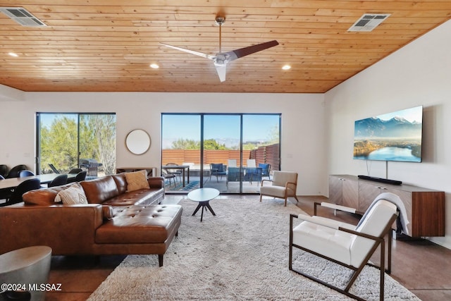 living room featuring wooden ceiling and ceiling fan