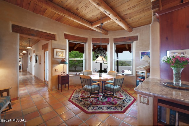 tiled dining area with wooden ceiling and beam ceiling