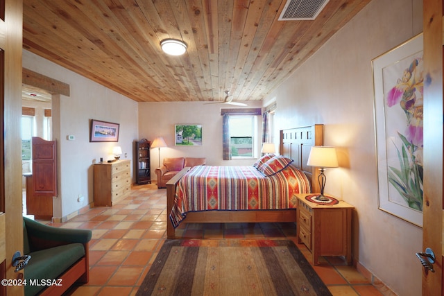 tiled bedroom featuring wood ceiling