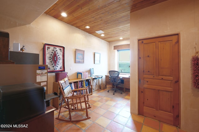 tiled office featuring wood ceiling