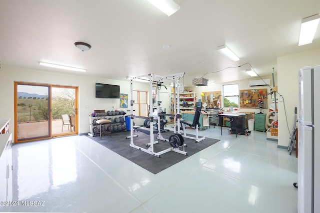 workout room featuring a workshop area and concrete floors