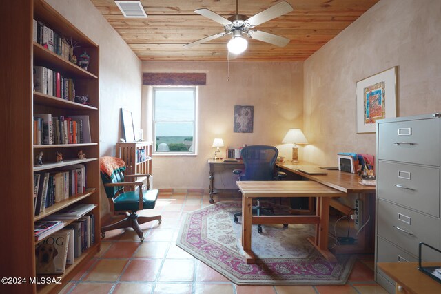 office area with light tile patterned floors, ceiling fan, and wood ceiling