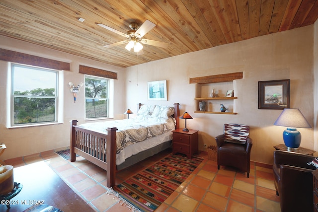 bedroom with ceiling fan, light tile patterned flooring, and wooden ceiling