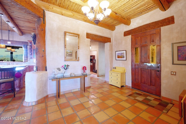 entrance foyer with beamed ceiling and wooden ceiling