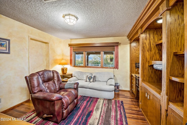 living room with dark hardwood / wood-style floors and a textured ceiling