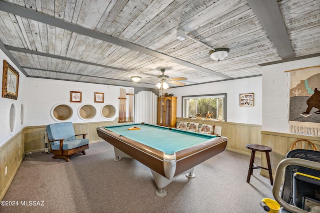 playroom featuring wood walls, light colored carpet, billiards, and ceiling fan