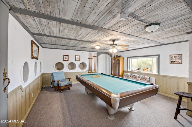 playroom featuring light carpet, wooden walls, pool table, and wooden ceiling