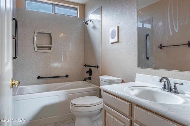 full bathroom featuring tile patterned floors, vanity, bathtub / shower combination, and toilet